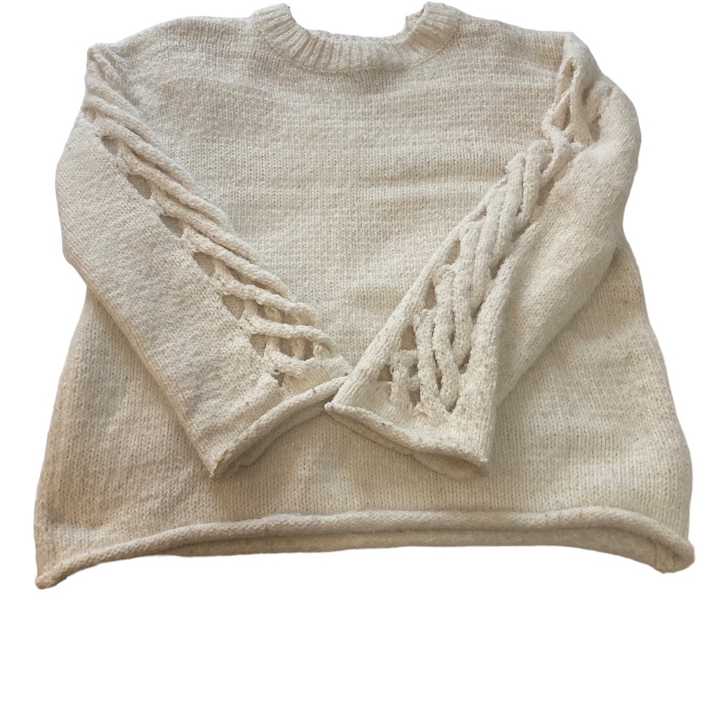 Angie Cream Sweater with Lattice-detail Sleeves- Sz L